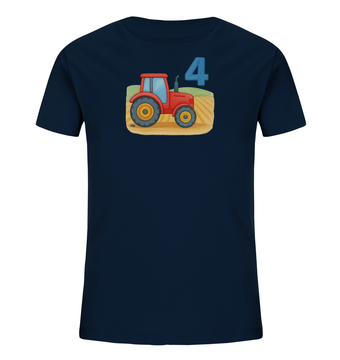 Onlineshop Shirts fuer Kinder - Das Bild zeigt ein dunkelblaues Kinder-T-Shirt mit einem Motiv auf der Vorderseite. Das Motiv stellt einen roten Traktor dar, der auf einem Feld steht. Darueber ist die grosse blaue Zahl '4' abgebildet. Das Design wirkt laendlich und farbenfroh.