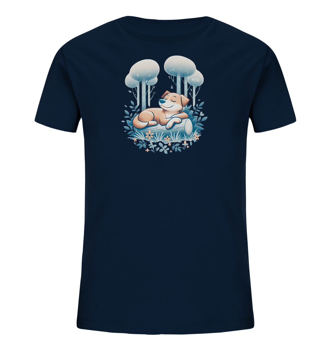 Onlineshop Shirts fuer Kinder - Dieses dunkelblaue T-Shirt zeigt eine ruhige Szene in der Natur. Im Zentrum der Illustration liegt ein Cartoon-Hund entspannt auf einem Baumstamm. Um ihn herum sind stilisiert dargestellte Baeume, Blaetter und kleine Blumen zu sehen. Das Motiv vermittelt eine friedliche und naturnahe Atmosphaere.