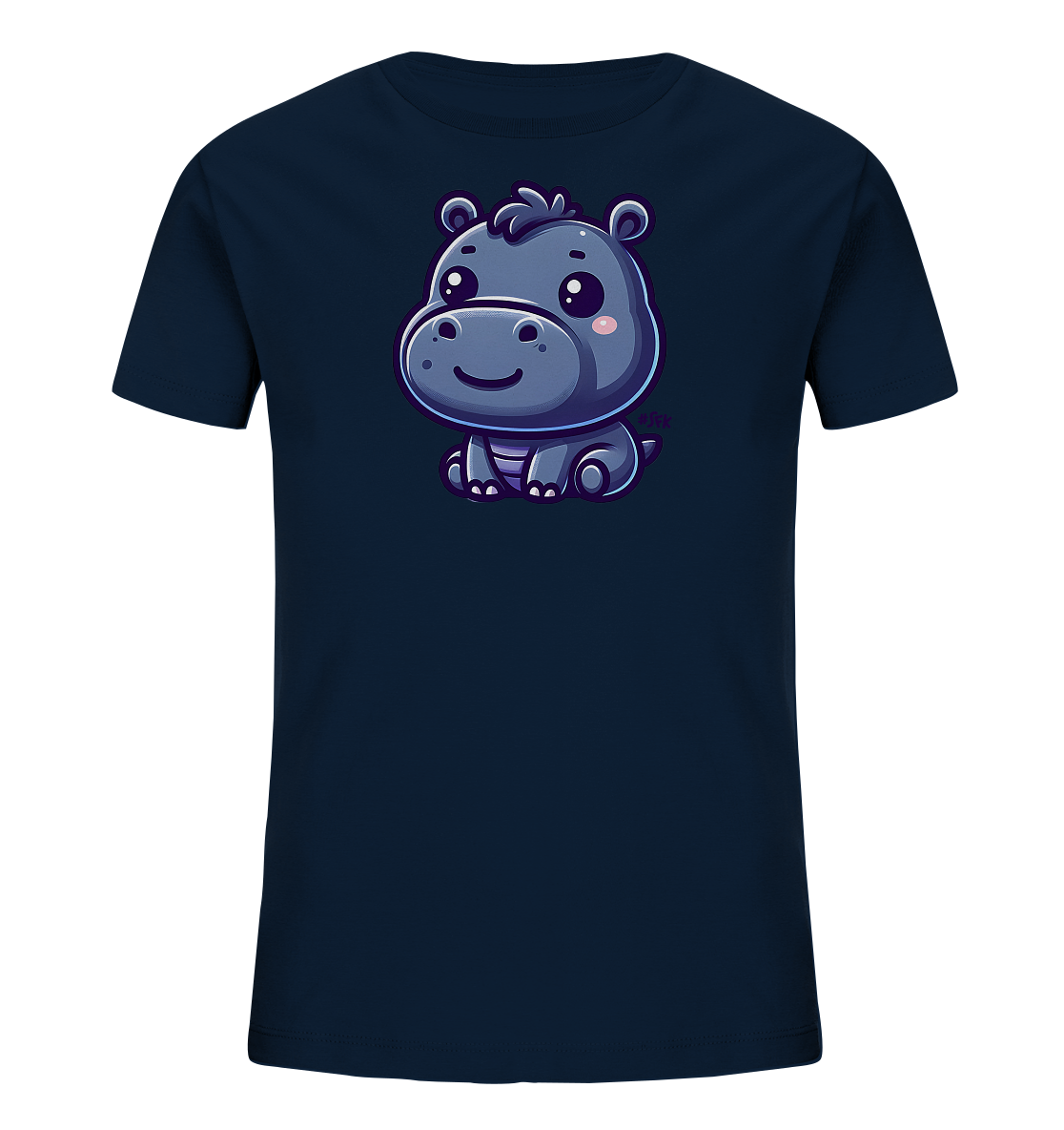 Onlineshop Shirts fuer Kinder - Das Bild zeigt ein dunkelblaues Kinder-T-Shirt. Auf der Vorderseite ist eine niedliche, cartoonhafte Illustration eines sitzenden Nilpferds abgebildet. Das Nilpferd ist blaugrau, hat grosse Augen, rosafarbene Wangen und ein freundliches Laecheln. Das Design wirkt verspielt und kindgerecht.
