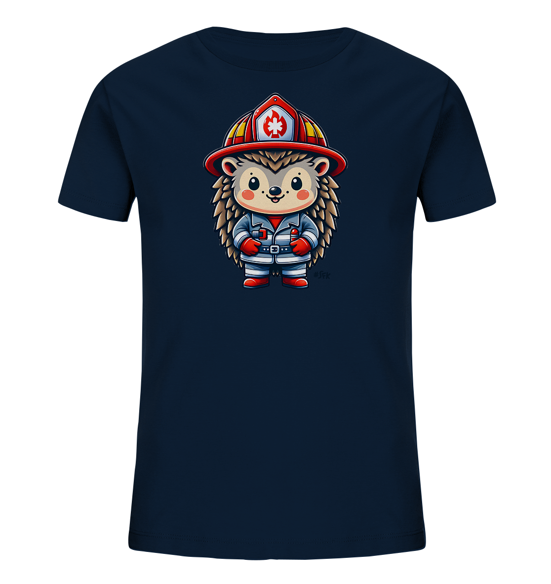 Onlineshop Shirts fuer Kinder - Das Bild zeigt ein dunkelblaues T-Shirt fuer Kinder mit einer niedlichen Illustration eines Igels im Feuerwehrmannkostuem. Der Igel traegt einen roten Helm mit einem Emblem sowie eine grau-blaue Uniform mit roten Akzenten. Er steht aufrecht und hat einen freundlichen Gesichtsausdruck auf dem Shirt.