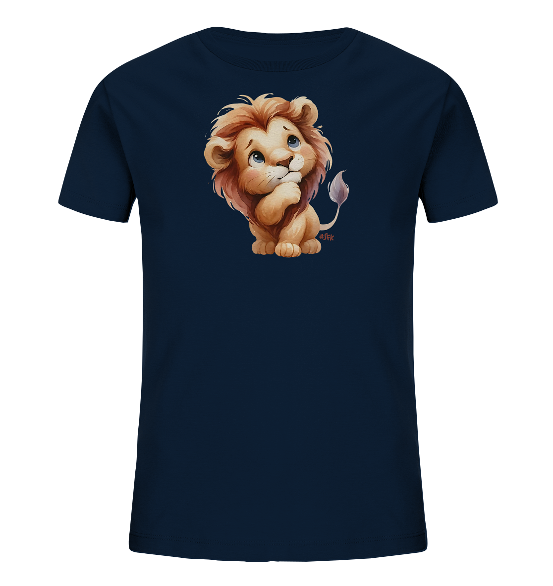 Kinder T-Shirt mit nachdenklichem Cartoon-Löwen und großen blauen Augen