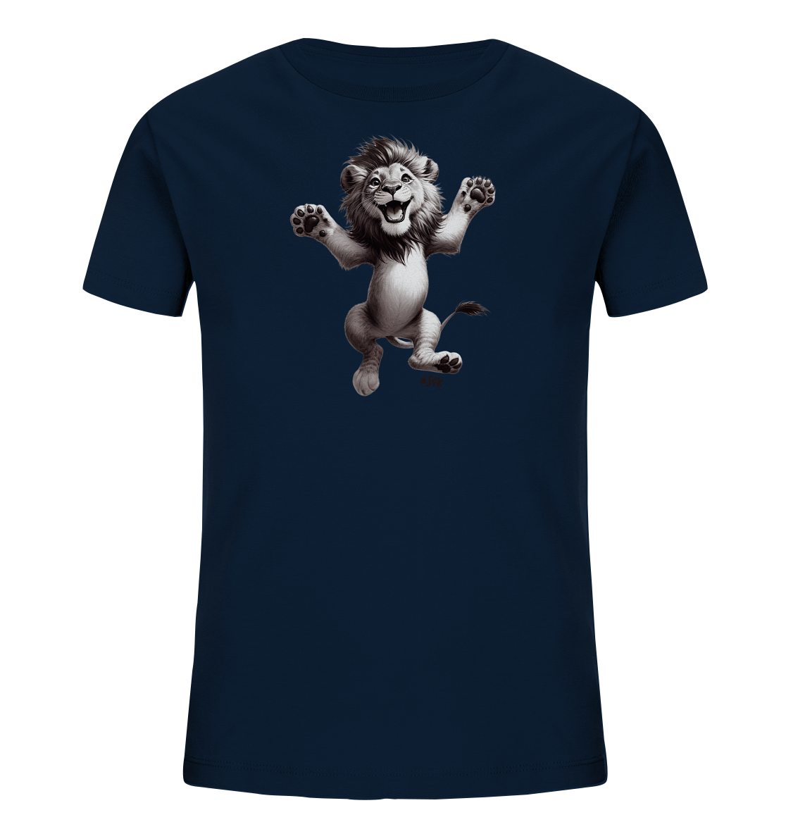 Onlineshop Shirts fuer Kinder - Ein dunkelblaues Kinder T-Shirt mit einem lebendigen Motiv eines springenden Loewenbabys. Das cartoonhafte Jungtier in Graustufen lacht froehlich und streckt die Pfoten aus. Dieses verspielte Design ist ein echter Blickfang auf dem Shirt.