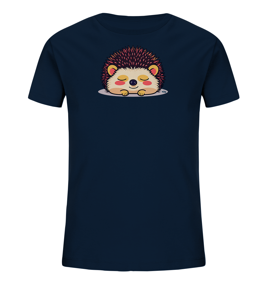 Onlineshop Shirts fuer Kinder - Das Bild zeigt ein dunkelblaues Kinder-T-Shirt mit einer niedlichen Illustration eines ruhenden Igels. Der Igel hat geschlossene Augen, ein sanftes Laecheln und rosa-rote Stacheln. Er liegt friedlich auf einer hellgrauen Flaeche, was eine ruhige und beruhigende Atmosphaere schafft. Das Motiv ist mittig platziert und attraktiv gestaltet.