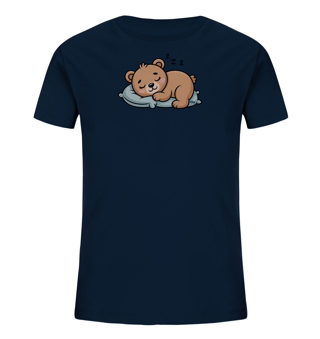 Onlineshop Shirts fuer Kinder - Das Bild zeigt ein dunkelblaues Kinder-T-Shirt mit einem niedlichen Tiermotiv. Auf der Vorderseite ist ein brauner Cartoon-Baer abgebildet, der friedlich auf einem hellblauen Kissen schlaeft. Über dem Kopf des Baeren sind "Zzz"-Symbole zu sehen, die seinen Schlafzustand darstellen. Das gesamte Design wirkt ruhig und charmant, ideal fuer ein Kinderkleidungsstueck.