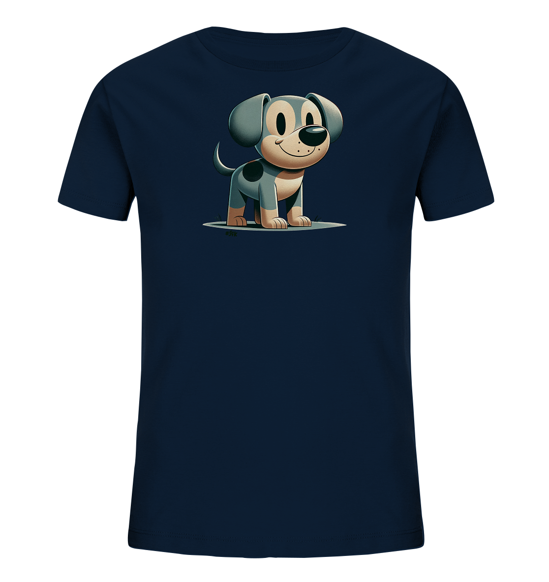 Onlineshop Shirts fuer Kinder - Das Bild zeigt ein dunkelblaues Kinder-T-Shirt mit einer suessen Cartoon-Illustration eines Hundes auf der Vorderseite. Der Hund hat graues Fell mit dunklen Flecken, grosse Ohren und ein breites, freundliches Laecheln. Er steht aufrecht auf einer hellen Flaeche. Dieses froehliche Design ist ideal fuer Kinder.
