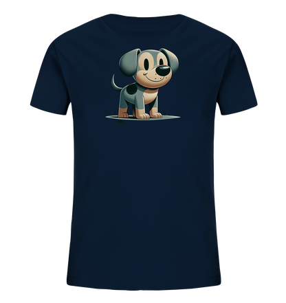 Onlineshop Shirts fuer Kinder - Das Bild zeigt ein dunkelblaues Kinder-T-Shirt mit einer suessen Cartoon-Illustration eines Hundes auf der Vorderseite. Der Hund hat graues Fell mit dunklen Flecken, grosse Ohren und ein breites, freundliches Laecheln. Er steht aufrecht auf einer hellen Flaeche. Dieses froehliche Design ist ideal fuer Kinder.