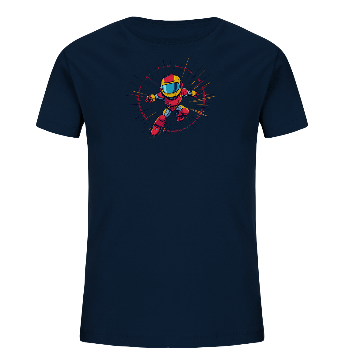 Onlineshop Shirts für Kinder - Das Bild zeigt ein dunkelblaues Kinder-T-Shirt auf schwarzem Hintergrund. Auf der Vorderseite ist eine Illustration eines kleinen, roten Charakters in einem Helm mit gelben Akzenten abgebildet. Die Figur befindet sich in einer dynamischen Pose, die Bewegung oder Geschwindigkeit suggeriert, umgeben von einem kreisförmigen Element mit roten und gelben Strahlen. Das Design ist cartoonhaft und farbenfroh, ideal für Kinder, die Superhelden oder Roboter mögen.
