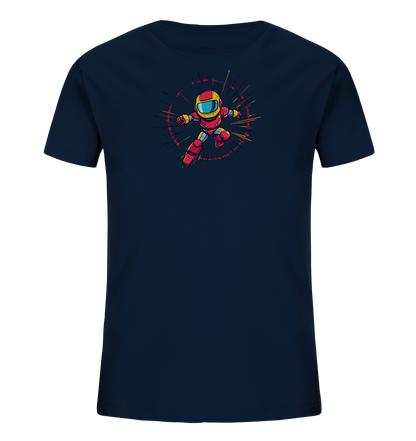 Onlineshop Shirts für Kinder - Das Bild zeigt ein dunkelblaues Kinder-T-Shirt auf schwarzem Hintergrund. Auf der Vorderseite ist eine Illustration eines kleinen, roten Charakters in einem Helm mit gelben Akzenten abgebildet. Die Figur befindet sich in einer dynamischen Pose, die Bewegung oder Geschwindigkeit suggeriert, umgeben von einem kreisförmigen Element mit roten und gelben Strahlen. Das Design ist cartoonhaft und farbenfroh, ideal für Kinder, die Superhelden oder Roboter mögen.