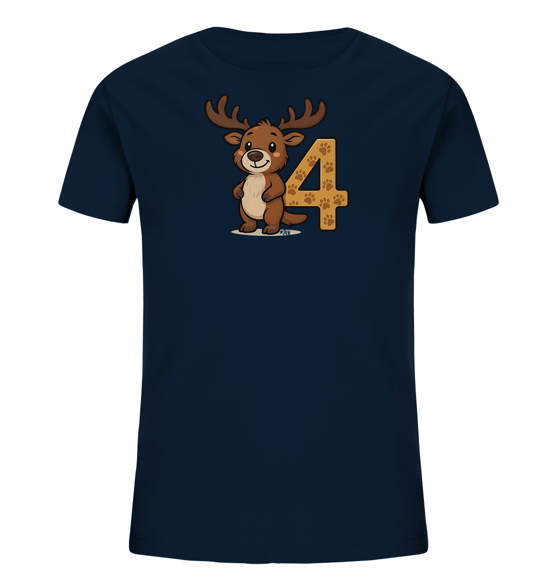 Onlineshop Shirts fuer Kinder - Das Bild zeigt ein dunkelblaues T-Shirt fuer Kinder. Darauf ist eine niedliche Cartoon-Illustration eines Rentiers abgebildet. Das Rentier steht neben einer grossen gelben Zahl Vier, die mit braunen Pfotenabdruecken verziert ist. Dieses verspielte Motiv befindet sich auf der Vorderseite des Shirts.