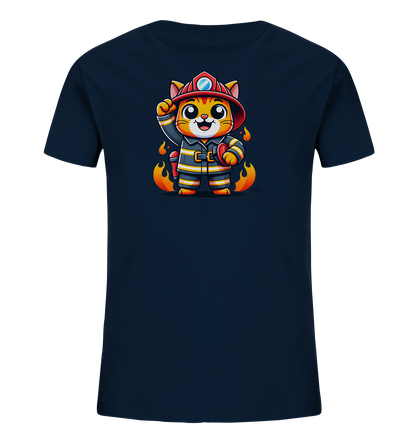 Kinder T-Shirt mit eine winkende Cartoon-Katze als Feuerwehrfigur mit Helm und Uniform