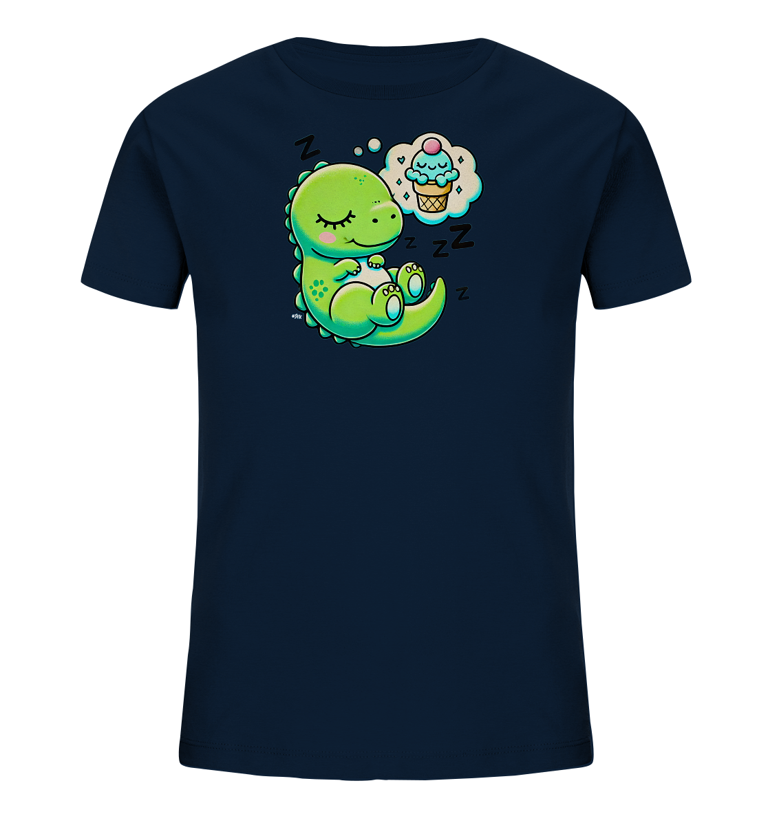 Onlineshop Shirts fuer Kinder - Das Bild zeigt ein dunkelblaues T-Shirt fuer Kinder mit einem suessen, schlafenden gruenen Dinosaurier-Motiv auf der Vorderseite. Der Dinosaurier ist zusammengerollt dargestellt und traeumt von einem lachenden Eiscreme-Hoernchen in einer Sprechblase. "Z"-Symbole umrahmen das Motiv und betonen das Schlafthema. Die Grafik ist farbenfroh und liebevoll gestaltet.