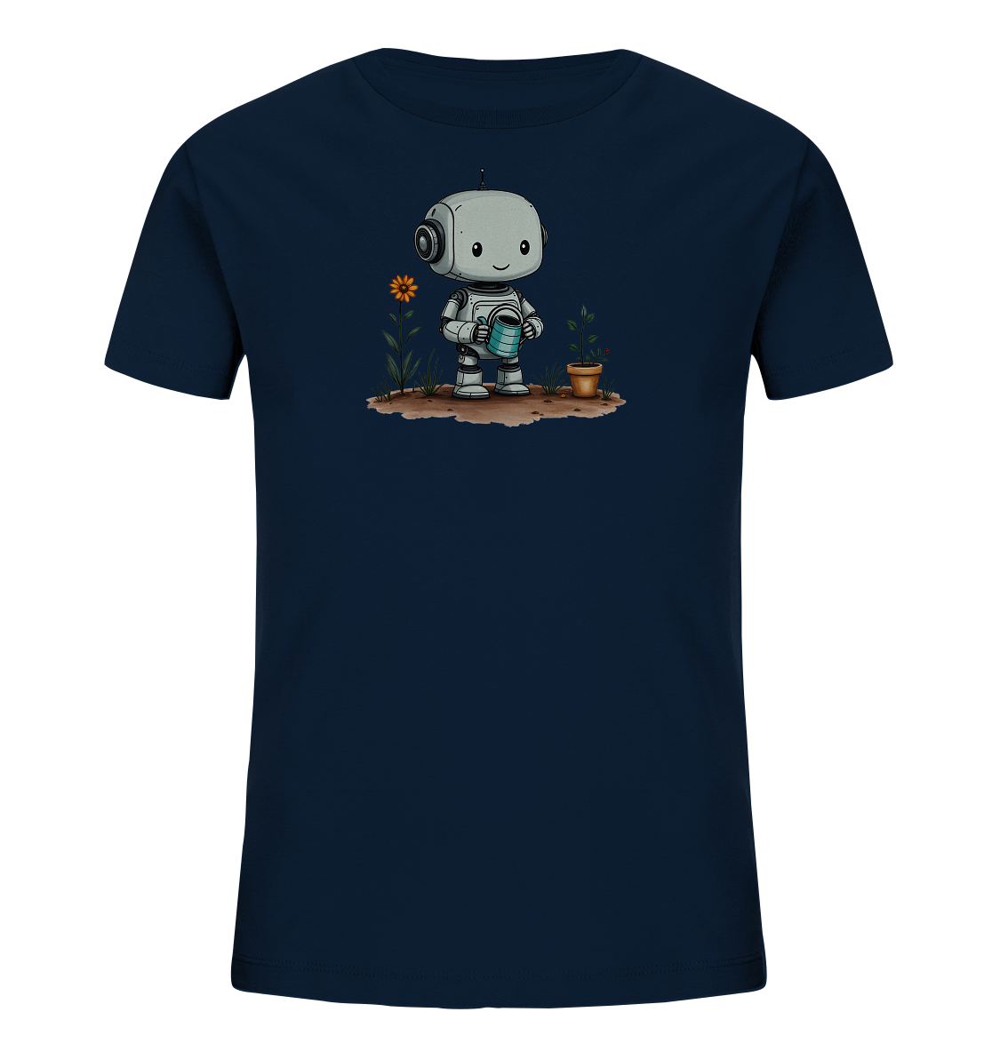 Kinder-T-Shirt mit Roboter, der eine Pflanze gießt.