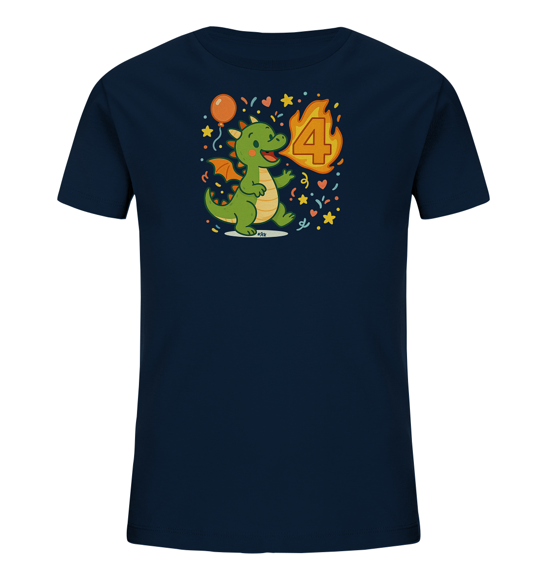 Onlineshop Shirts fuer Kinder - Das Bild zeigt ein dunkelblaues T-Shirt fuer Kinder mit einem farbenfrohen Druck. Im Zentrum ist ein niedlicher gruener Cartoon-Drache abgebildet, der Feuer in Form der Zahl 4 speit. Das Motiv ist umgeben von festlichen Elementen wie einem Ballon, Konfetti, Sternen und Herzen. Dieses Design wirkt verspielt und feierlich.