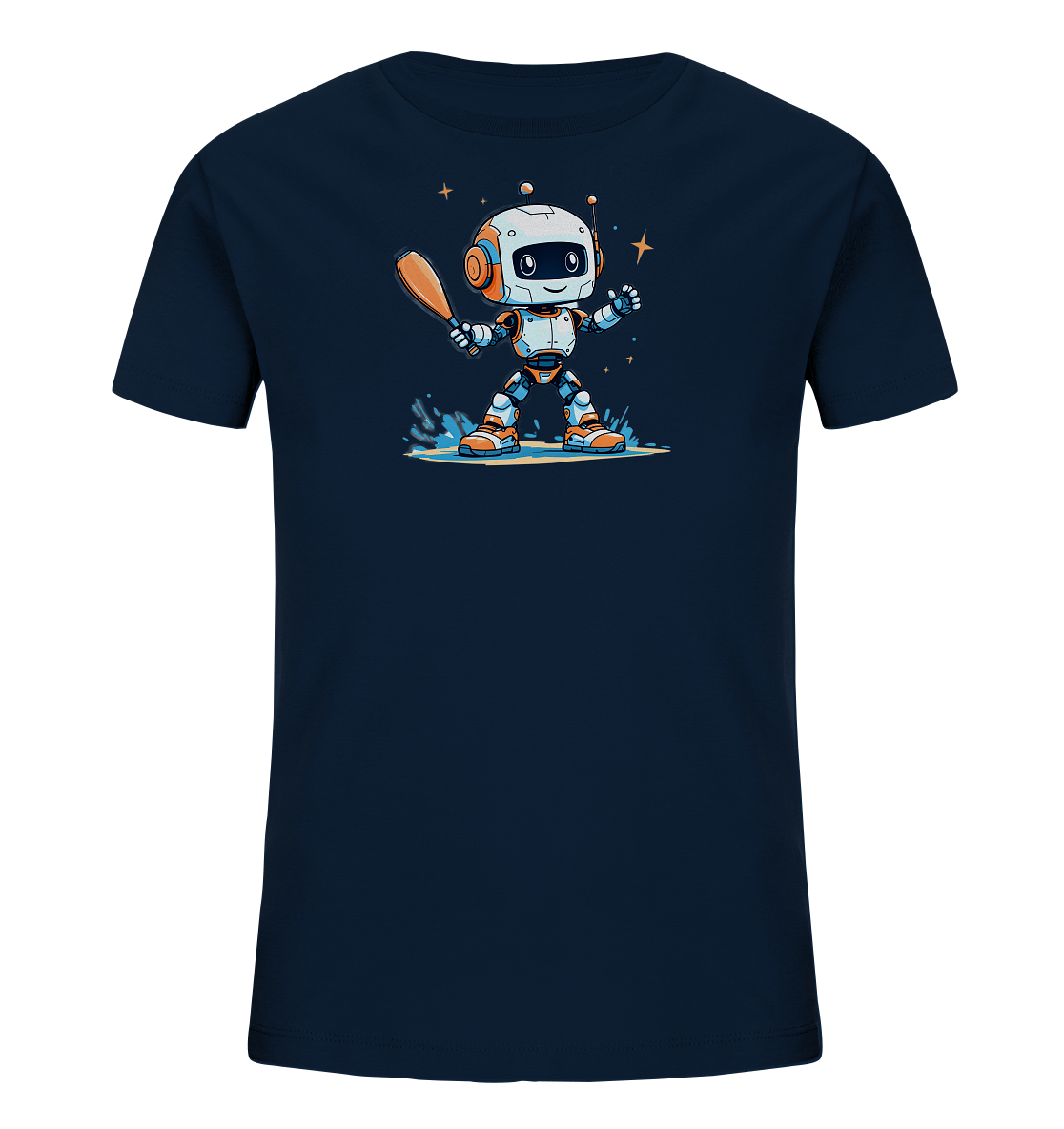 Onlineshop Shirts für Kinder - Das Bild zeigt ein dunkelblaues Kinder-T-Shirt mit einem farbenfrohen Druck auf der Vorderseite. Die Grafik stellt einen freundlichen Cartoon-Roboter dar, der einen Baseballschläger hält. Der Roboter ist von Wasser- oder Spritzereffekten und kleinen Sternen umgeben. Dieses Motiv verleiht dem Shirt einen dynamischen und verspielten Look.