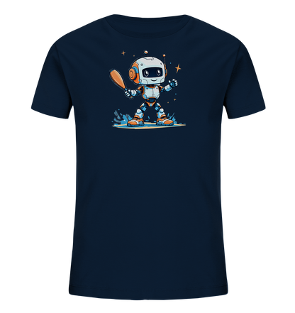 Onlineshop Shirts für Kinder - Das Bild zeigt ein dunkelblaues Kinder-T-Shirt mit einem farbenfrohen Druck auf der Vorderseite. Die Grafik stellt einen freundlichen Cartoon-Roboter dar, der einen Baseballschläger hält. Der Roboter ist von Wasser- oder Spritzereffekten und kleinen Sternen umgeben. Dieses Motiv verleiht dem Shirt einen dynamischen und verspielten Look.