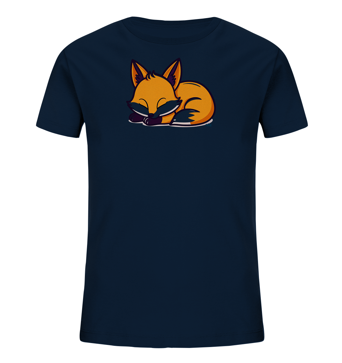 Onlineshop Shirts fuer Kinder - Das Bild zeigt ein dunkelblaues Kinder-T-Shirt mit einem niedlichen Fuchs-Motiv auf der Vorderseite. Der Fuchs ist in orange-braunen Farbtoenen dargestellt und liegt zusammengerollt in schlafender Position. Seine Augen sind geschlossen, und das Design wirkt beruhigend und verspielt zugleich. Das T-Shirt ist auf einem schwarzen Hintergrund freigestellt.