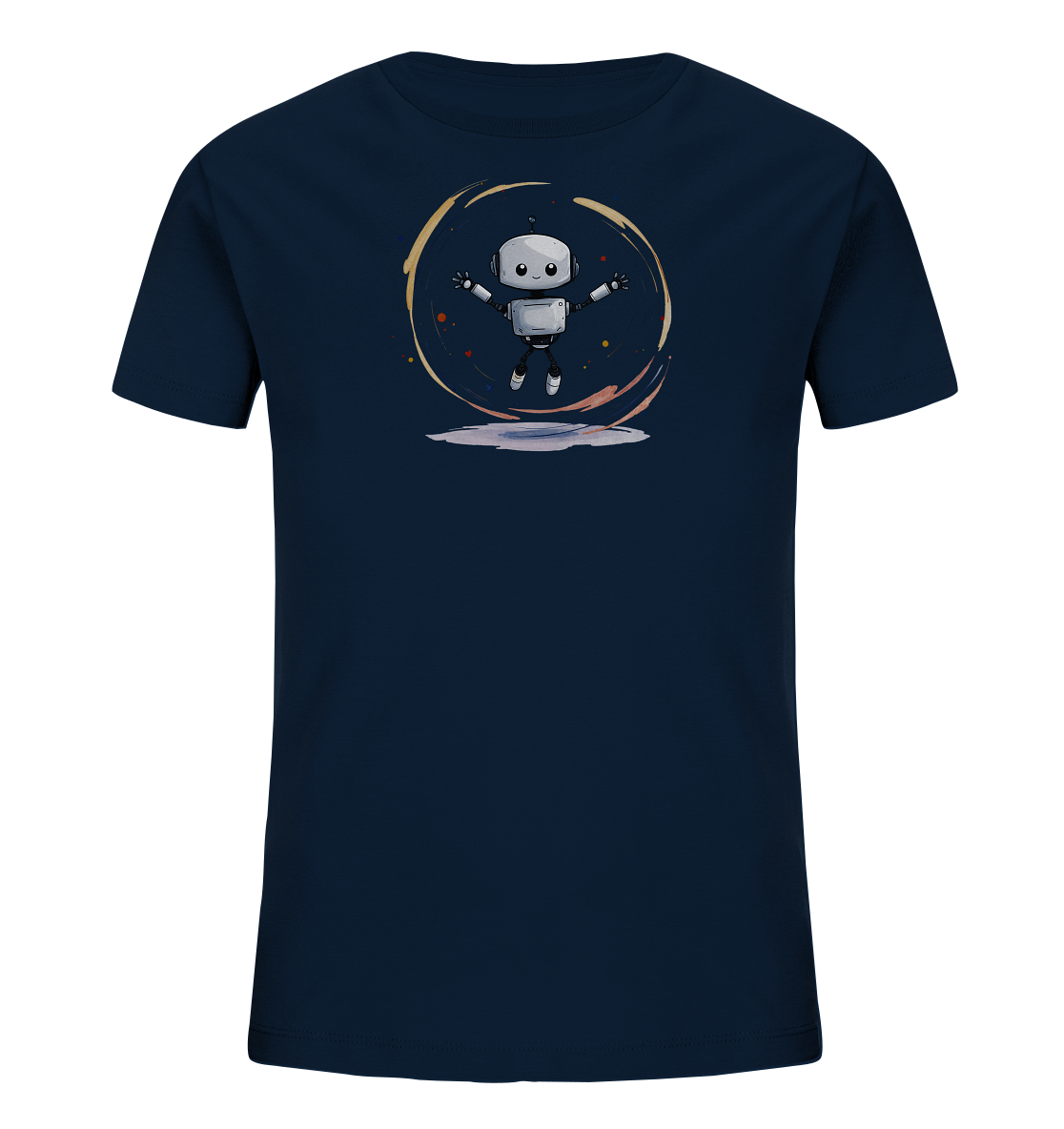 Onlineshop Shirts für Kinder - Dieses Bild zeigt ein dunkelblaues Kinder-T-Shirt. Auf der Vorderseite ist ein Motiv eines freundlichen, kleinen Roboters abgebildet, der in der Luft schwebt oder springt. Das Design wird von einem stilisierten Kreis aus bunten Pinselstrichen und Punkten umrahmt, was eine dynamische und farbenfrohe Szene erzeugt. Das Motiv ist zentral auf dem Shirt platziert und hat einen modernen, verspielten Comic-Stil, der für Kinder ansprechend ist.