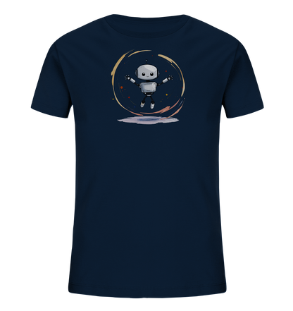 Onlineshop Shirts für Kinder - Dieses Bild zeigt ein dunkelblaues Kinder-T-Shirt. Auf der Vorderseite ist ein Motiv eines freundlichen, kleinen Roboters abgebildet, der in der Luft schwebt oder springt. Das Design wird von einem stilisierten Kreis aus bunten Pinselstrichen und Punkten umrahmt, was eine dynamische und farbenfrohe Szene erzeugt. Das Motiv ist zentral auf dem Shirt platziert und hat einen modernen, verspielten Comic-Stil, der für Kinder ansprechend ist.