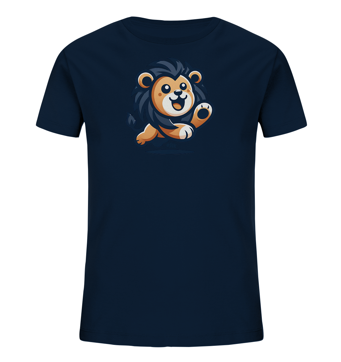 Onlineshop Shirts fuer Kinder - Das Bild zeigt ein dunkelblaues Kinder-T-Shirt mit einem froehlichen, cartoonhaften Loewenmotiv. Der Loewe ist in einer dynamischen Pose dargestellt, als ob er springt, mit einer erhobenen Pfote. Er hat ein freundliches Gesicht und eine dunkle Maehne, wobei warme Farben fuer den Koerper verwendet werden. Das Design wirkt verspielt und lebhaft.