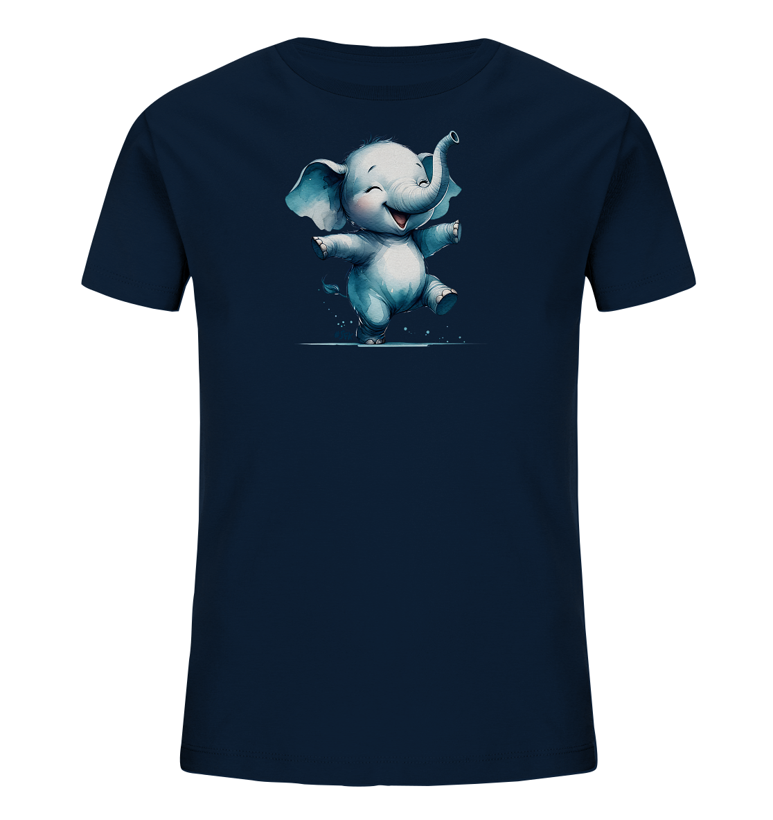 Onlineshop Shirts fuer Kinder - Das Bild zeigt ein dunkelblaues Kinder-T-Shirt mit einer niedlichen, hellblauen Illustration eines froehlich tanzenden Elefanten. Der Cartoon-Elefant hat grosse Ohren und einen erhobenen Ruessel, die Augen sind geschlossen und er laechelt. Um den Elefanten sind kleine helle Spritzer oder Punkte dargestellt. Das Motiv verleiht dem Shirt einen verspielten Charakter.