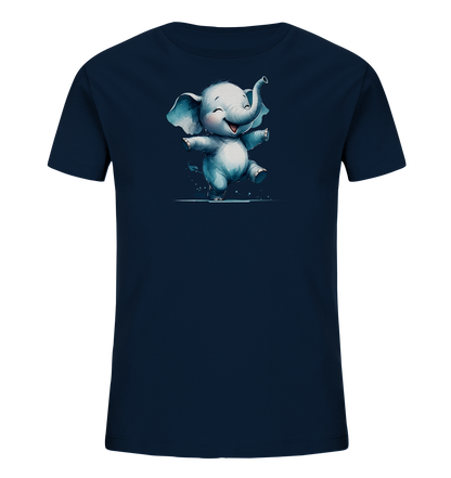 Onlineshop Shirts fuer Kinder - Das Bild zeigt ein dunkelblaues Kinder-T-Shirt mit einer niedlichen, hellblauen Illustration eines froehlich tanzenden Elefanten. Der Cartoon-Elefant hat grosse Ohren und einen erhobenen Ruessel, die Augen sind geschlossen und er laechelt. Um den Elefanten sind kleine helle Spritzer oder Punkte dargestellt. Das Motiv verleiht dem Shirt einen verspielten Charakter.