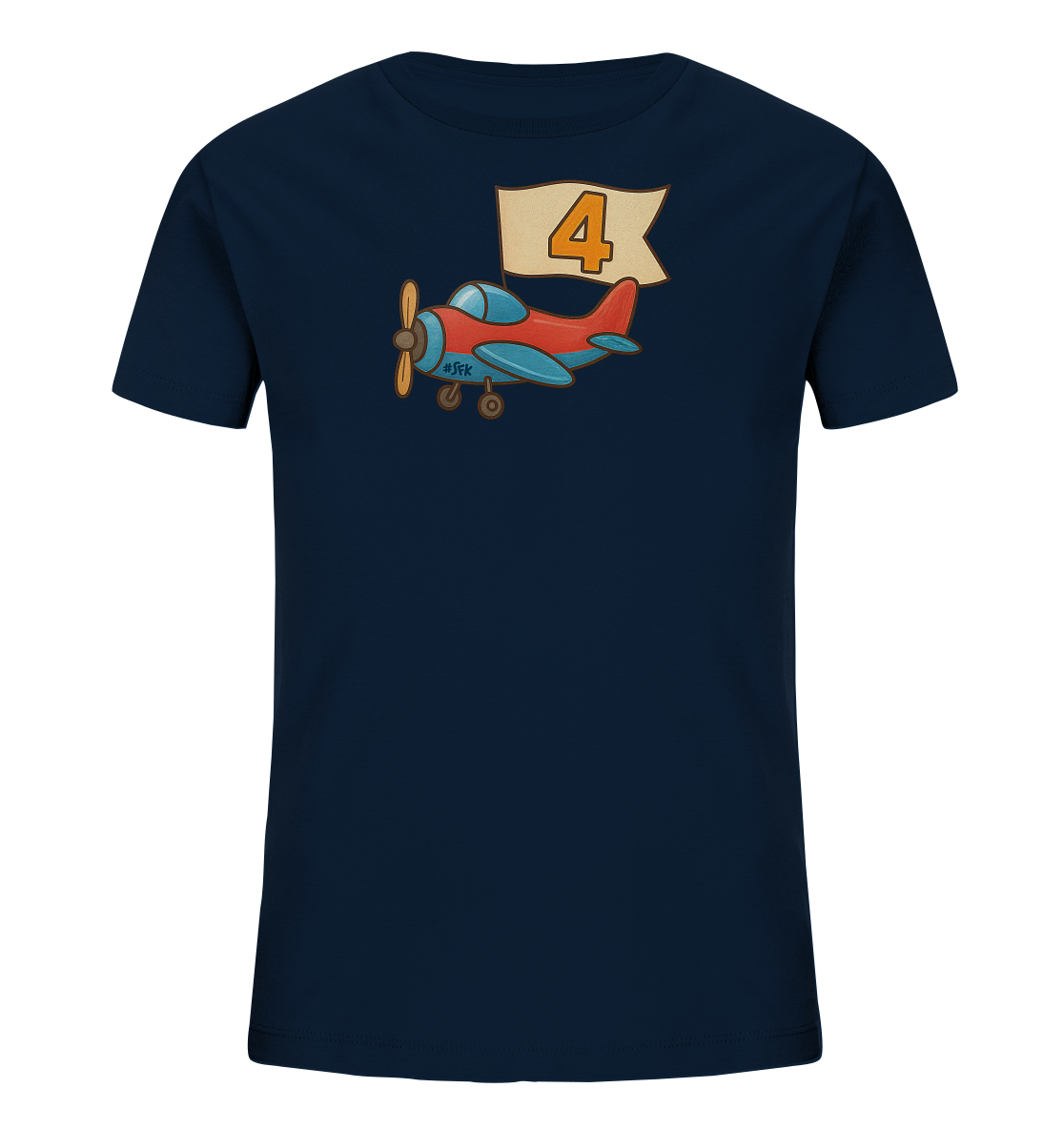 Onlineshop Shirts fuer Kinder - Das Bild zeigt ein dunkelblaues Kinder-T-Shirt mit einer farbigen Illustration auf der Vorderseite. Zu sehen ist ein rotes Flugzeug, das ein beiges Banner hinter sich herzieht. Auf dem Banner ist die orangefarbene Zahl '4' deutlich sichtbar. Das Design wirkt verspielt und kindgerecht.