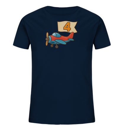 Kinder T-Shirt mit rotem und blauem Flugzeug, Banner und Zahl 4