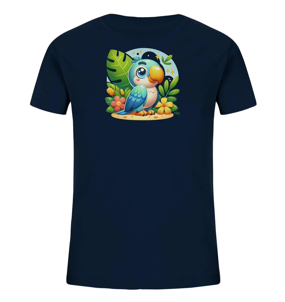 Onlineshop Shirts fuer Kinder - Dieses dunkelblaue T-Shirt zeigt eine niedliche Illustration eines blauen Papageis in einer tropischen Szene. Der Vogel mit grossen Augen sitzt zwischen gruenen Blaettern und bunten Blumen. Im Hintergrund ist ein dunkler Kreis mit Sternen und Mondformen abgebildet. Das verspielte Design ist farbenfroh und detailreich.