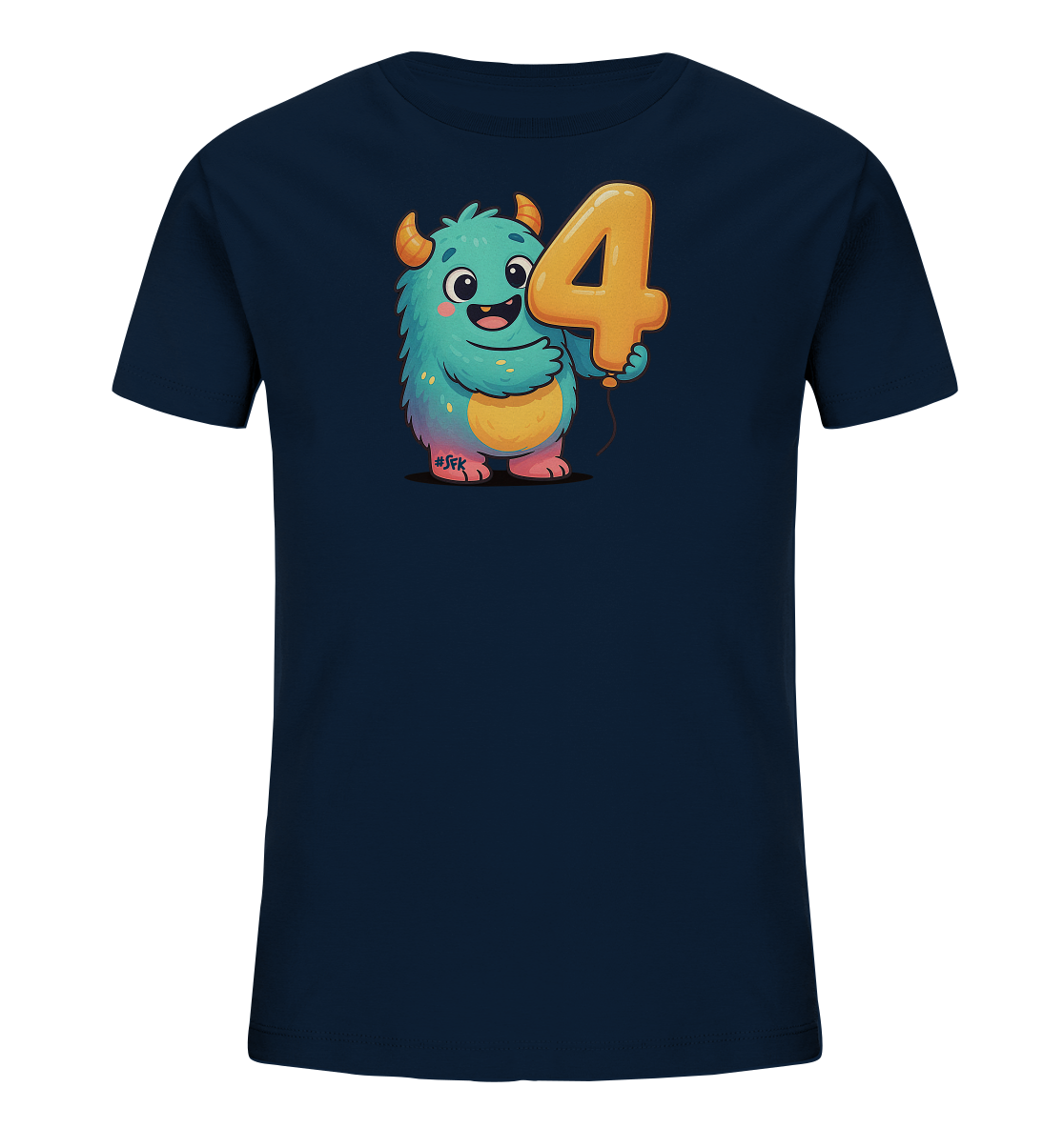 Onlineshop Shirts fuer Kinder - Das Bild zeigt ein dunkelblaues Kinder-T-Shirt mit einer niedlichen Illustration. Ein flauschiges, blaues Monster mit Hoernern haelt einen orangefarbenen Ballon in Form der Zahl '4'. Das freundliche Monster-Design verleiht dem Shirt einen verspielten Charakter.