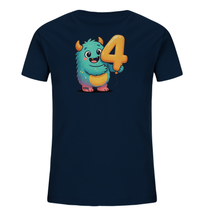 Onlineshop Shirts fuer Kinder - Das Bild zeigt ein dunkelblaues Kinder-T-Shirt mit einer niedlichen Illustration. Ein flauschiges, blaues Monster mit Hoernern haelt einen orangefarbenen Ballon in Form der Zahl '4'. Das freundliche Monster-Design verleiht dem Shirt einen verspielten Charakter.