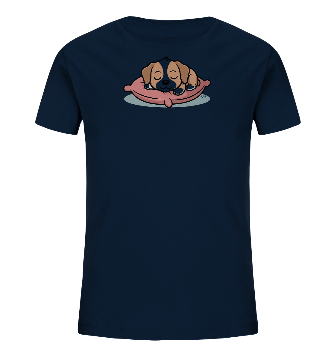 Onlineshop Shirts fuer Kinder - Das Bild zeigt ein dunkelblaues Kinder-T-Shirt mit einem niedlichen Aufdruck. Auf der Vorderseite ist ein schlafender Welpe in warmen Brauntoenen dargestellt, der gemuetlich auf einem rosa Kissen liegt. Der Welpe hat geschlossene Augen und wirkt sehr friedlich. Dieses verspielte Motiv verleiht dem Shirt einen charmanten und beruhigenden Charakter.