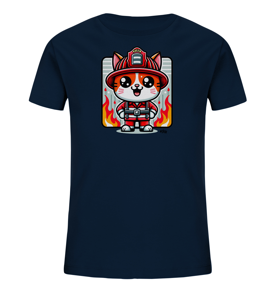 Onlineshop Shirts fuer Kinder - Das Bild zeigt ein dunkelblaues T-Shirt fuer Kinder mit einem niedlichen Aufdruck. Zu sehen ist eine freundlich laechelnde Cartoon-Katze, die in einer roten Feuerwehruniform mit Helm gekleidet ist. Hinter der Katze sind stilisierte Flammen und ein Gittermuster dargestellt, was dem Design einen dynamischen Hintergrund verleiht. Dieses Motiv ist zentral auf der Vorderseite des Shirts platziert und ansprechend gestaltet.