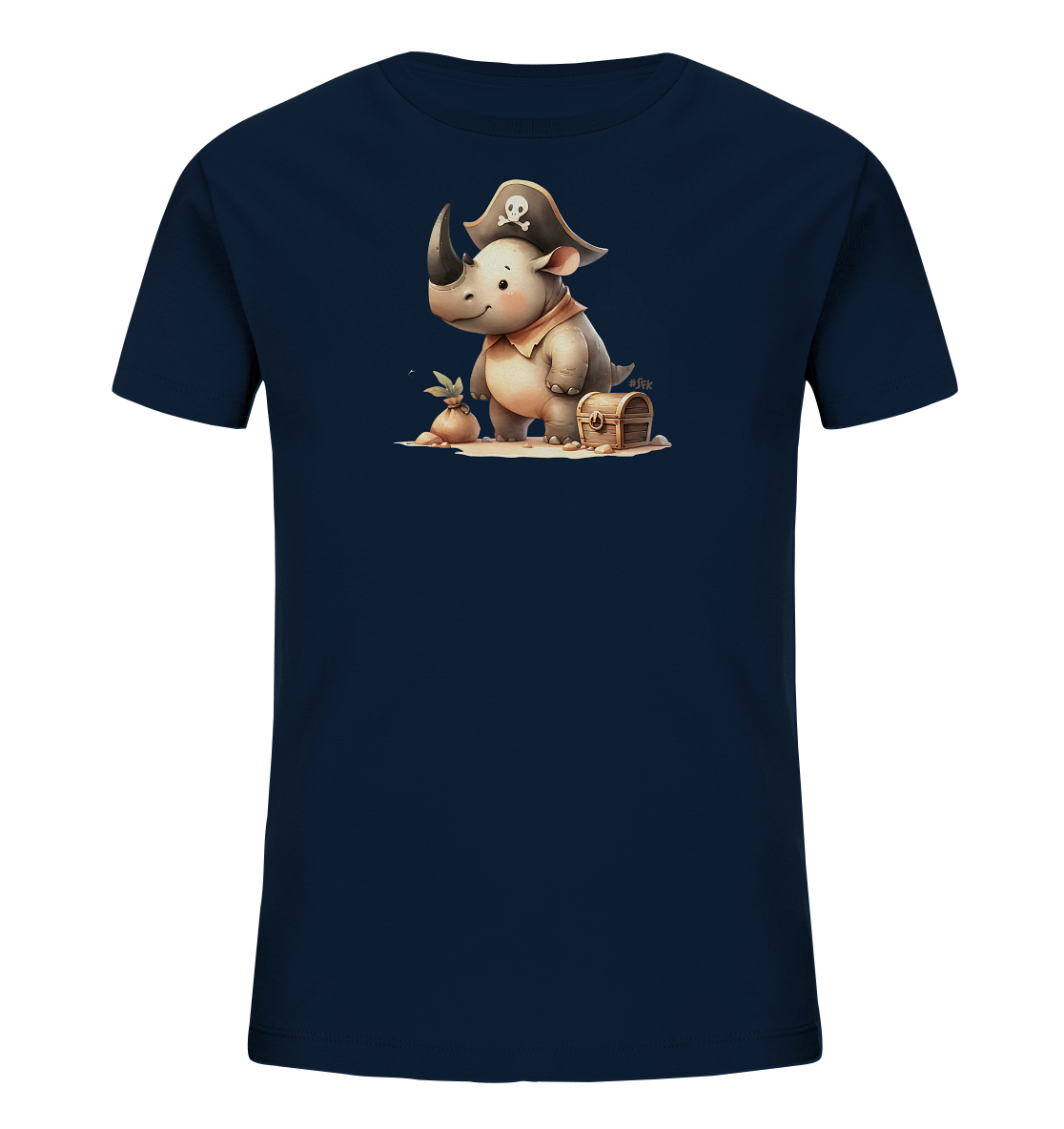 Onlineshop Shirts fuer Kinder - Das Bild zeigt ein dunkelblaues Kinder-T-Shirt mit einer Piraten-Grafik auf der Vorderseite. Im Zentrum des Designs steht ein suesses Cartoon-Nashorn mit Piratenhut und Halstuch, das auf Sand sitzt. Daneben sind eine kleine Schatztruhe und ein Sack mit einer Pflanze abgebildet. Dieses Motiv verleiht dem Shirt einen verspielten und abenteuerlichen Look.