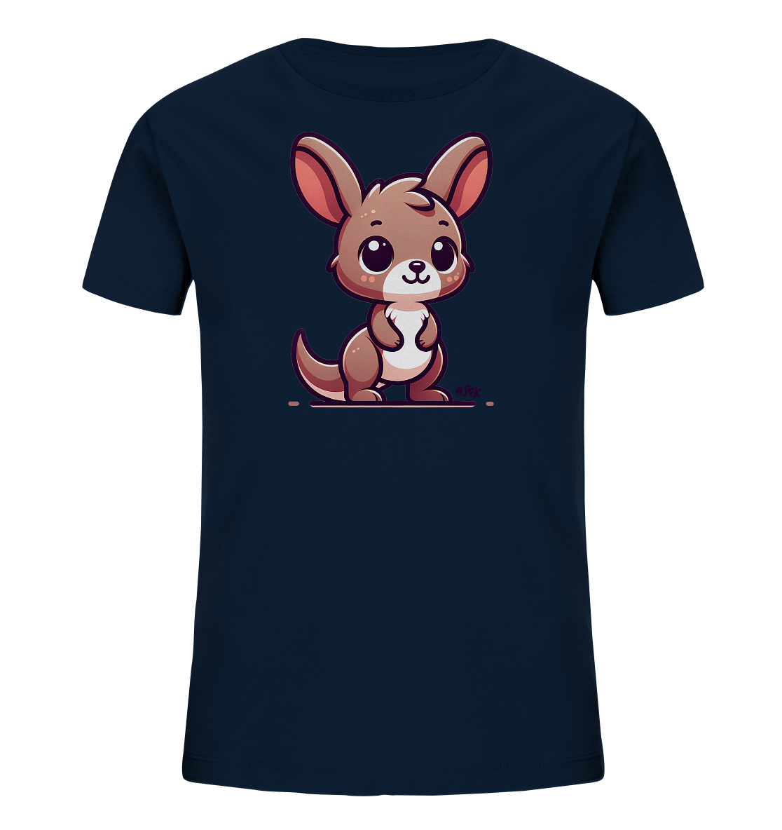 Onlineshop Shirts fuer Kinder - Das Bild zeigt ein dunkelblaues T-Shirt fuer Kinder mit einem niedlichen Kaenguru-Motiv auf der Vorderseite. Das Kaenguru ist im freundlichen Cartoon-Stil gestaltet, mit grossen Augen und rosa Innenohren. Es sitzt aufrecht und blickt nach vorne. Die braunen Toene des Kaengurus bilden einen schoenen Kontrast zum dunklen Stoff.