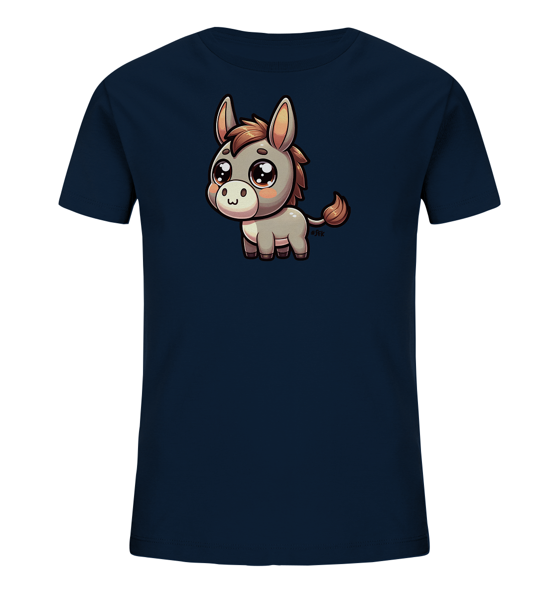 Onlineshop Shirts fuer Kinder - Dieses dunkelblaue T-Shirt fuer Kinder zeigt auf der Vorderseite eine niedliche Cartoon-Illustration eines Esels. Der kleine Esel hat grosse, funkelnde Augen und einen freundlichen Ausdruck. Seine Maehne und sein Schwanz sind braun, waehrend sein Koerper hellgrau ist. Das verspielte Design macht das Shirt zu einem Blickfang.
