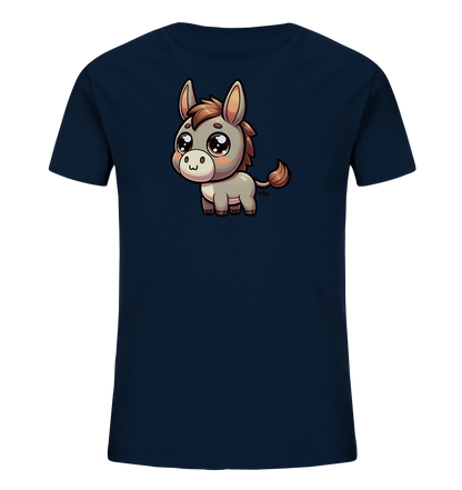 Onlineshop Shirts fuer Kinder - Dieses dunkelblaue T-Shirt fuer Kinder zeigt auf der Vorderseite eine niedliche Cartoon-Illustration eines Esels. Der kleine Esel hat grosse, funkelnde Augen und einen freundlichen Ausdruck. Seine Maehne und sein Schwanz sind braun, waehrend sein Koerper hellgrau ist. Das verspielte Design macht das Shirt zu einem Blickfang.