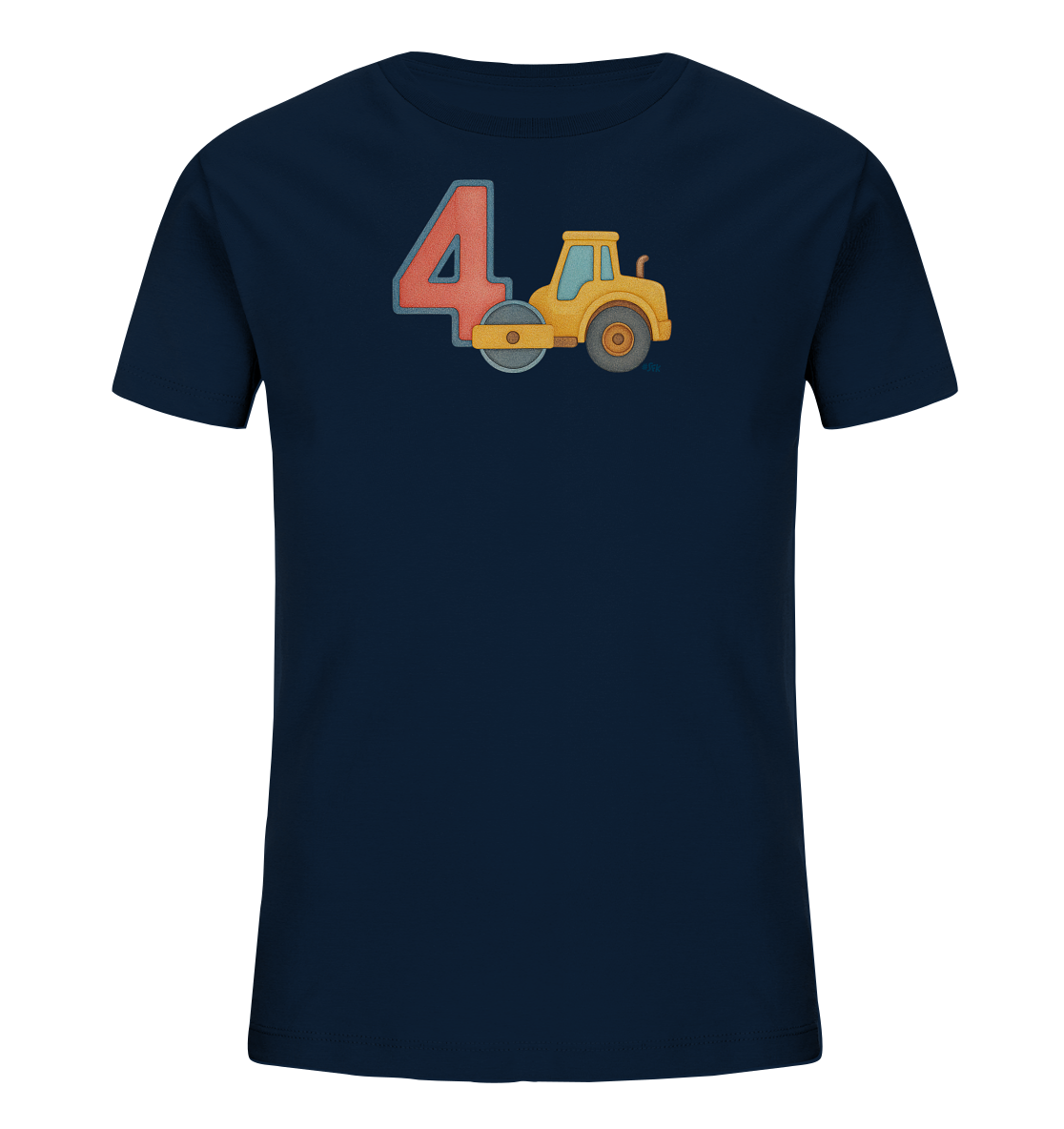Onlineshop Shirts fuer Kinder - Das Bild zeigt ein dunkelblaues Kinder-T-Shirt mit einem grossen Aufdruck auf der Vorderseite. Zu sehen ist die Zahl '4' in einem kraeftigen Rotton. Direkt daneben ist eine gelbe Strassenwalze im freundlichen Cartoon-Stil abgebildet. Das Design ist verspielt und eignet sich gut fuer junge Baufahrzeug-Fans.