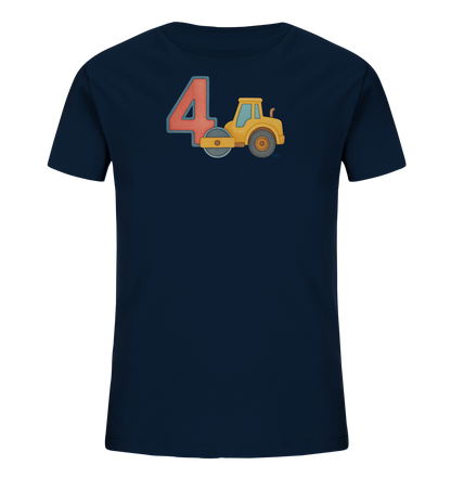 Onlineshop Shirts fuer Kinder - Das Bild zeigt ein dunkelblaues Kinder-T-Shirt mit einem grossen Aufdruck auf der Vorderseite. Zu sehen ist die Zahl '4' in einem kraeftigen Rotton. Direkt daneben ist eine gelbe Strassenwalze im freundlichen Cartoon-Stil abgebildet. Das Design ist verspielt und eignet sich gut fuer junge Baufahrzeug-Fans.