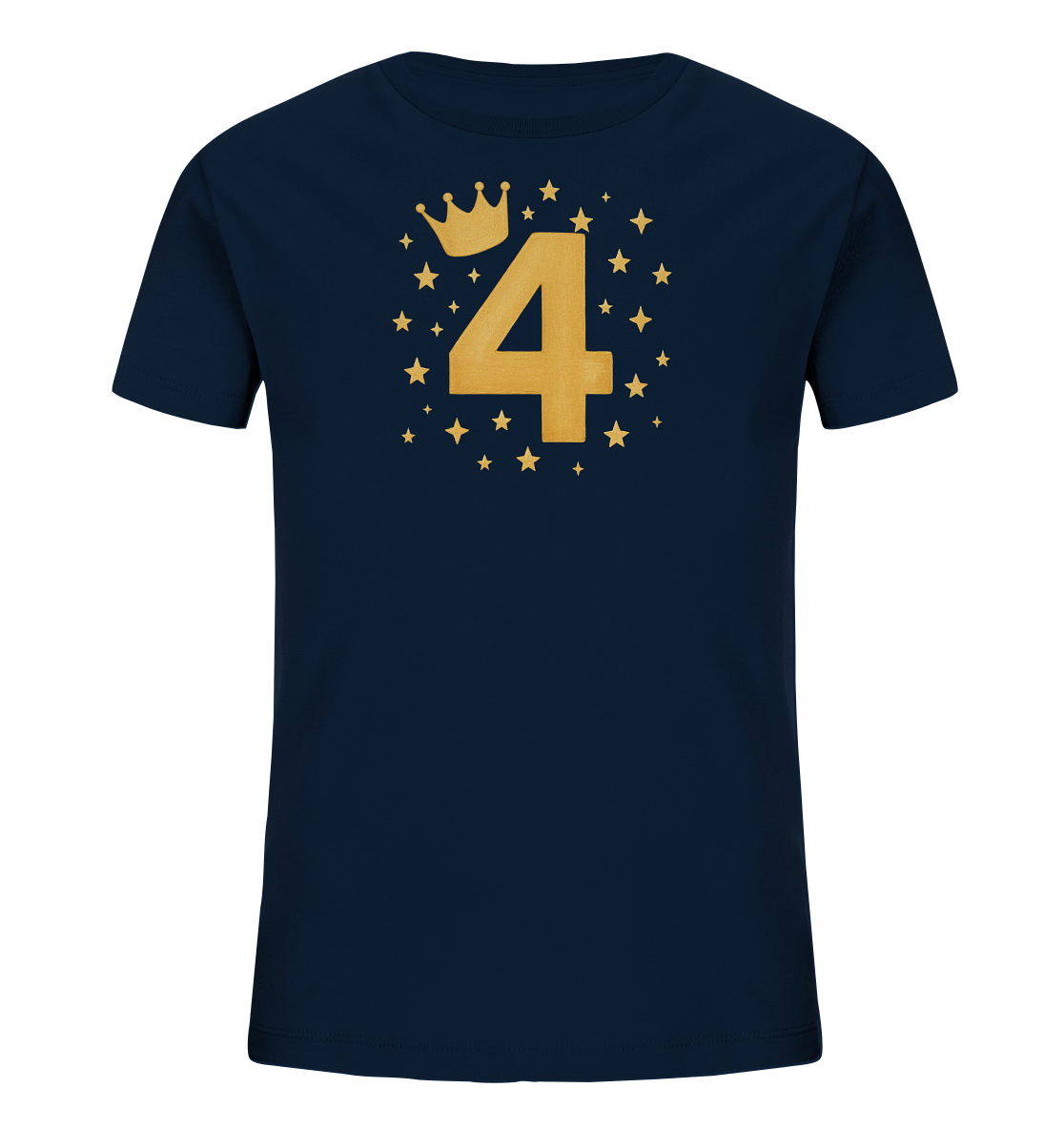 Onlineshop Shirts fuer Kinder - Das Bild zeigt ein dunkelblaues Kinder-T-Shirt mit einem grossen, goldenen Aufdruck der Zahl vier. Über der Zahl befindet sich eine passende goldene Krone. Das Design wird von vielen kleinen goldenen Sternen in verschiedenen Groessen umrahmt, was einen festlichen Eindruck vermittelt.