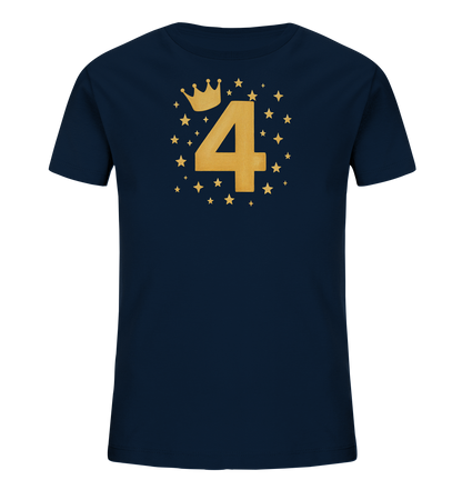 Onlineshop Shirts fuer Kinder - Das Bild zeigt ein dunkelblaues Kinder-T-Shirt mit einem grossen, goldenen Aufdruck der Zahl vier. Über der Zahl befindet sich eine passende goldene Krone. Das Design wird von vielen kleinen goldenen Sternen in verschiedenen Groessen umrahmt, was einen festlichen Eindruck vermittelt.