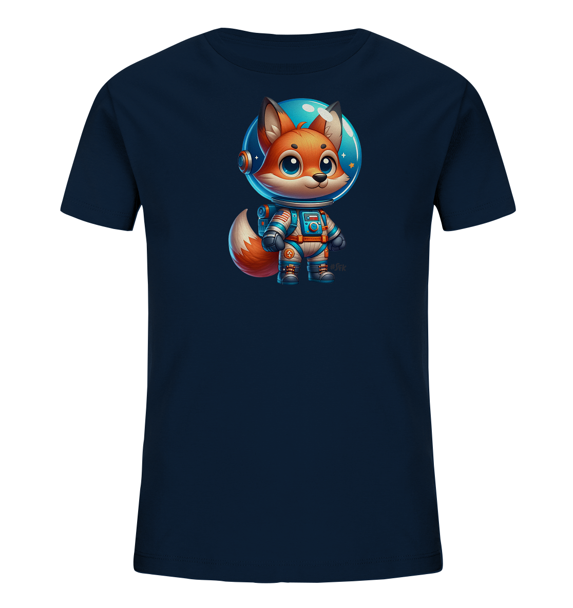 Onlineshop Shirts fuer Kinder - Das Bild zeigt ein dunkelblaues Kinder-T-Shirt mit einer Illustration eines niedlichen Fuchses in einem Raumanzug. Der Fuchs hat grosse Augen und einen freundlichen Ausdruck unter seinem Helm. Der Raumanzug ist detailliert in Blau und Orange gestaltet. Dieses Design verleiht dem Shirt einen verspielten Weltraum-Look.