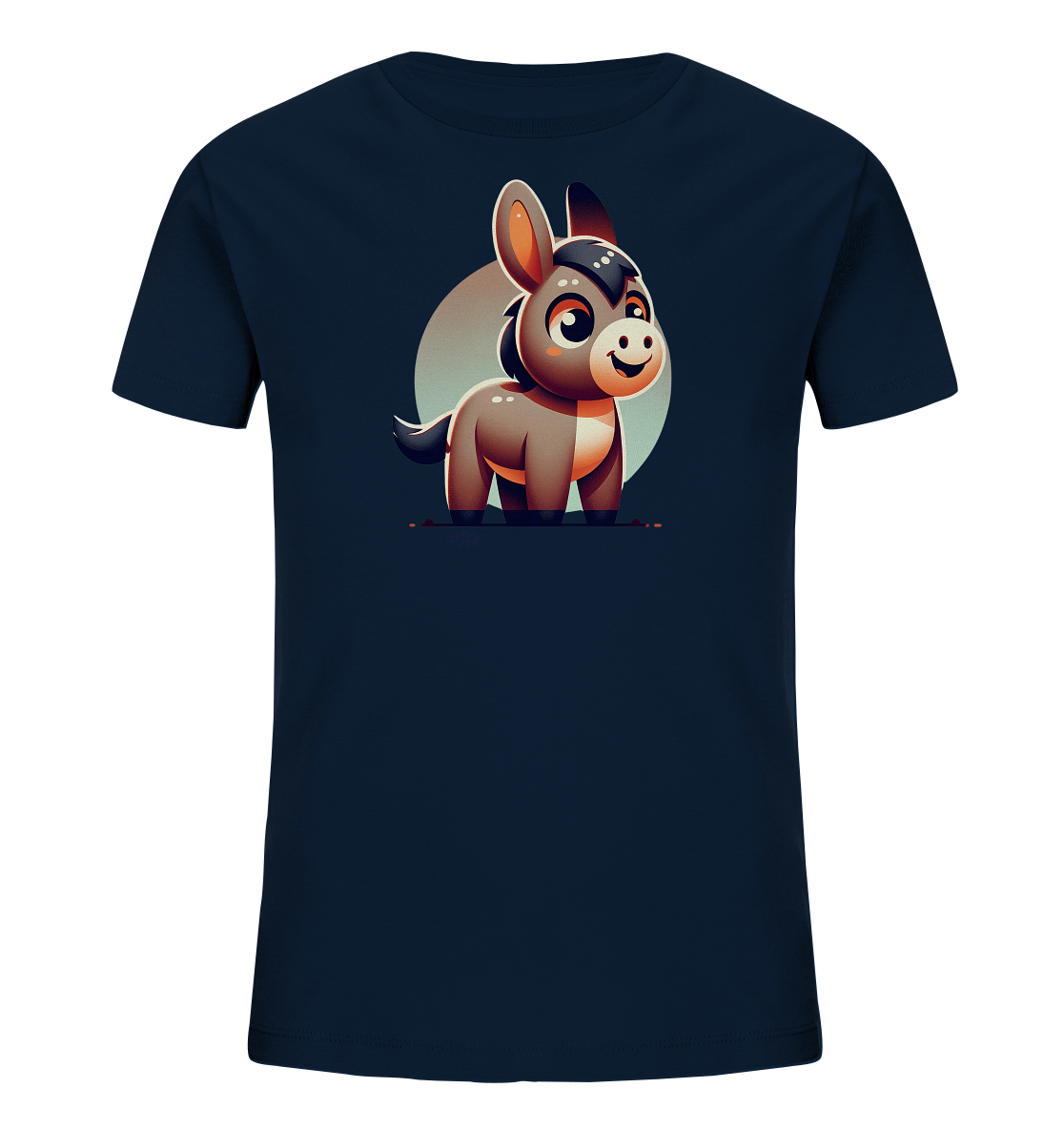 Onlineshop Shirts fuer Kinder - Das Bild zeigt ein dunkelblaues T-Shirt mit einer Illustration eines freundlichen Comic-Esels auf der Vorderseite. Der Esel ist braun und grau dargestellt und laechelt in die Kamera. Hinter dem Esel befindet sich ein heller Kreis, der das Motiv hervorhebt. Das Design wirkt verspielt und ist ideal fuer Kinder.