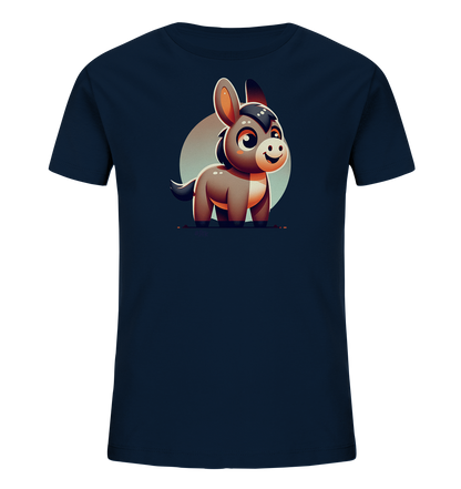 Onlineshop Shirts fuer Kinder - Das Bild zeigt ein dunkelblaues T-Shirt mit einer Illustration eines freundlichen Comic-Esels auf der Vorderseite. Der Esel ist braun und grau dargestellt und laechelt in die Kamera. Hinter dem Esel befindet sich ein heller Kreis, der das Motiv hervorhebt. Das Design wirkt verspielt und ist ideal fuer Kinder.