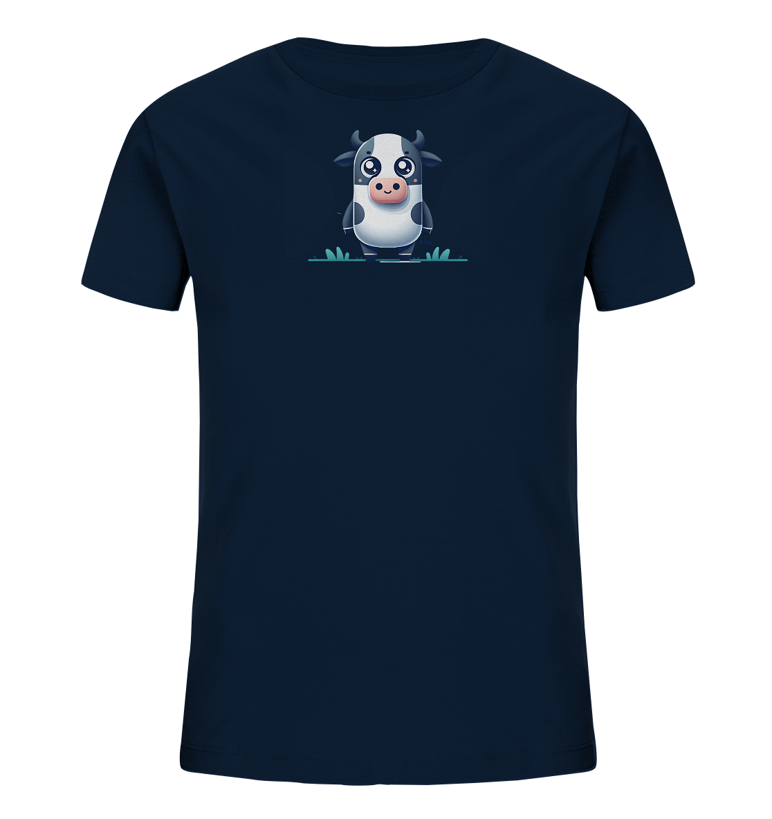 Onlineshop Shirts fuer Kinder - Das Bild zeigt ein dunkelblaues Kinder-T-Shirt. Darauf ist ein suesses, cartoonhaftes Motiv einer Kuh abgebildet. Die schwarz-weisse Kuh steht in stilisiertem gruenem Gras und hat grosse, treue Augen. Das Design wirkt freundlich und kindgerecht.