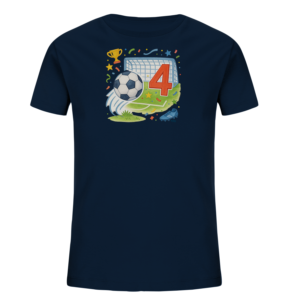 Onlineshop Shirts fuer Kinder - Dieses dunkelblaue Kinder T-Shirt zeigt ein lebhaftes Fussballmotiv, ideal fuer einen 4. Geburtstag. Das Design umfasst ein Fussballtor, einen Ball, eine grosse rote Zahl '4', einen Pokal und Fussballschuhe. Konfetti und Sterne runden das festliche Bild ab. Es ist ein farbenfrohes und sportliches Design.