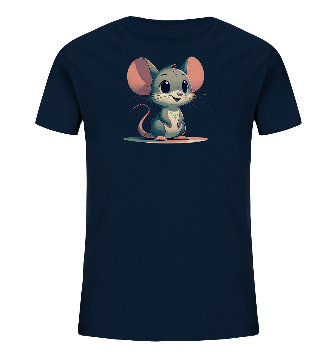 Onlineshop Shirts fuer Kinder - Das Bild zeigt ein dunkelblaues T-Shirt fuer Kinder mit einem charmanten Cartoon-Motiv auf der Vorderseite. Zu sehen ist eine graue Maus mit grossen rosa Ohren und einem freundlichen Gesichtsausdruck. Sie sitzt auf einer hellen Flaeche und ist der Hauptfokus des Designs. Das T-Shirt wird frontal praesentiert.
