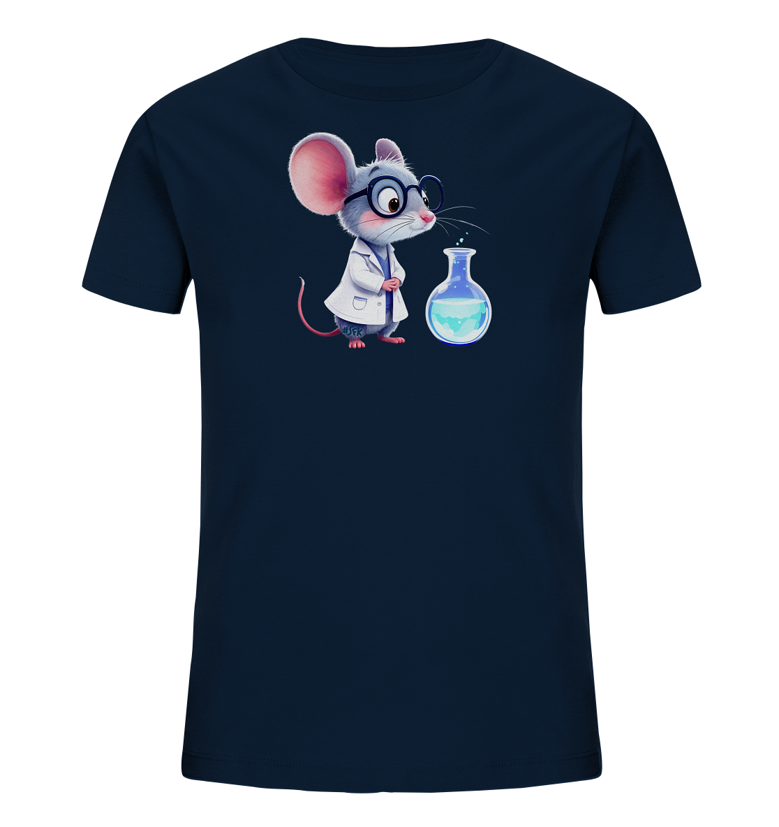 Onlineshop Shirts fuer Kinder - Das Bild zeigt ein dunkelblaues T-Shirt mit einem zentralen Aufdruck. Zu sehen ist eine graue Maus in einem weissen Laborkittel und runder Brille. Sie schaut auf einen blauen, gefuellten Erlenmeyerkolben, der neben ihr steht. Das Design vermittelt ein wissenschaftliches und fantasievolles Thema.