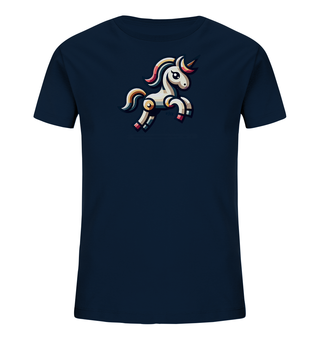 Onlineshop Shirts fuer Kinder - Das Bild zeigt ein dunkelblaues T-Shirt fuer Kinder mit einem stilisierten Einhorn-Motiv auf der Vorderseite. Das Einhorn ist in Weiss mit farbigen Akzenten in Pink, Gelb und Hellblau dargestellt. Es scheint zu springen und hat einen freundlichen Ausdruck. Das Design ist modern und verspielt, ideal fuer Kinder.