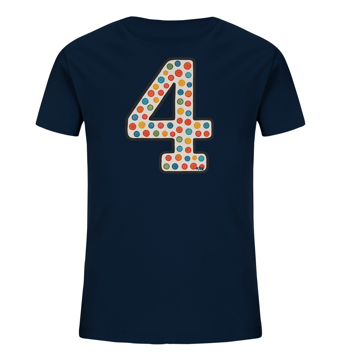 Onlineshop Shirts fuer Kinder - Das Bild zeigt ein dunkelblaues T-Shirt fuer Kinder. Auf der Vorderseite ist eine grosse Zahl '4' abgebildet. Die '4' ist mit vielen bunten Punkten in verschiedenen Farben gefuellt. Das Design ist farbenfroh und kindgerecht gestaltet.