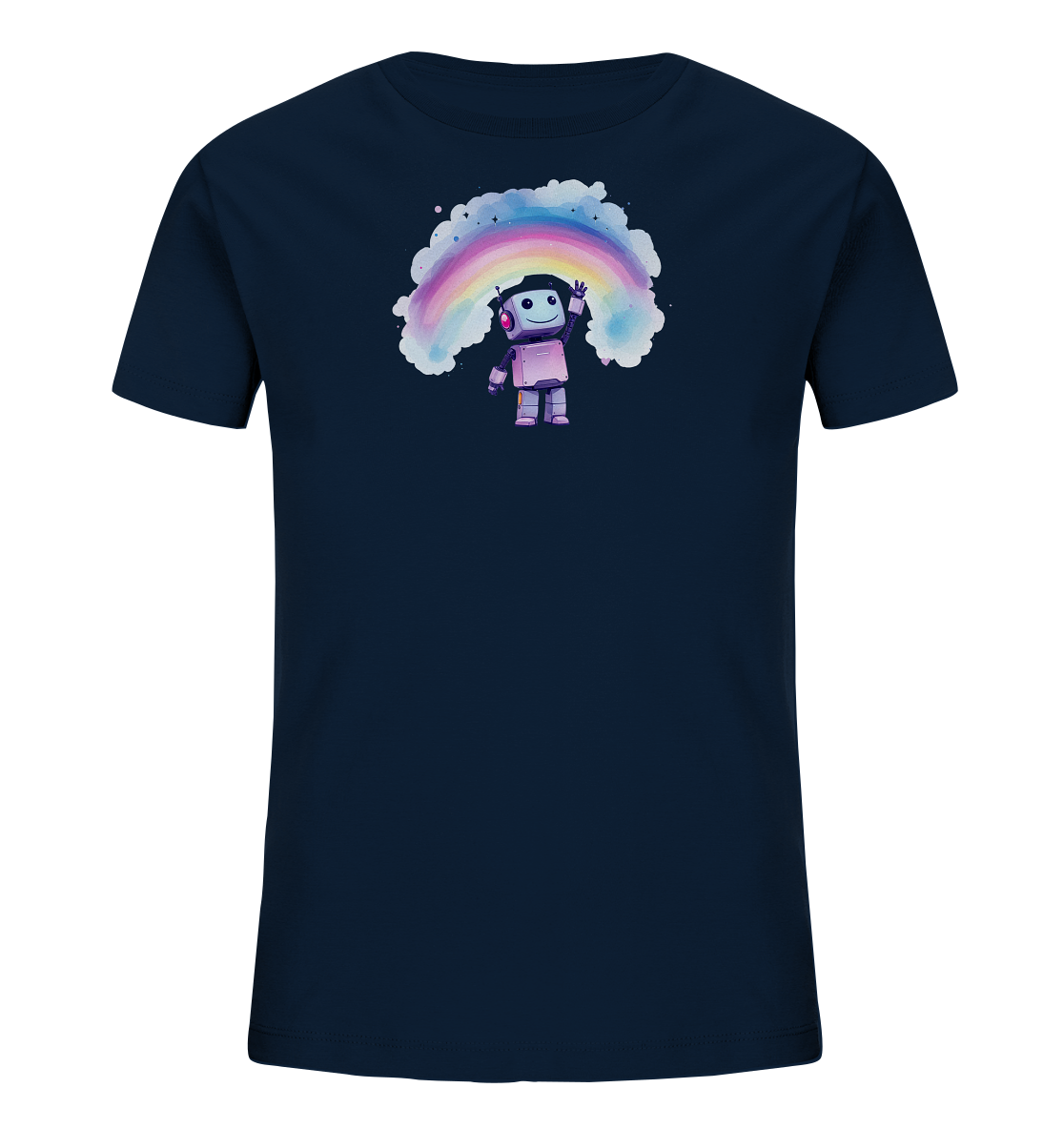 Onlineshop Shirts für Kinder - Das Bild zeigt ein dunkelblaues Kinder-T-Shirt mit einem farbenfrohen Motiv. Im Zentrum des Designs steht ein kleiner, pinker Roboter mit Kopfhörern, der freundlich winkt. Über dem Roboter erstreckt sich ein bunter Regenbogen, der von sanften, weißen Wolken eingerahmt wird. Das gesamte Bild strahlt eine fröhliche und fantasievolle Atmosphäre aus, die ideal für Kinderkleidung ist.